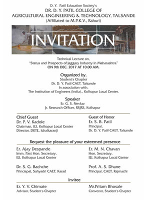  Invitation Card - Technical Lecture on STATUS AND PROSPECTS OF JAGGERY INDUSTRY IN MAHARASHTRA